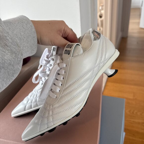 NWT Miu Miu Heeled Sneakers White Leather Pointed Toe Lace Up Kitten Heels Sz 34 - Picture 8 of 10